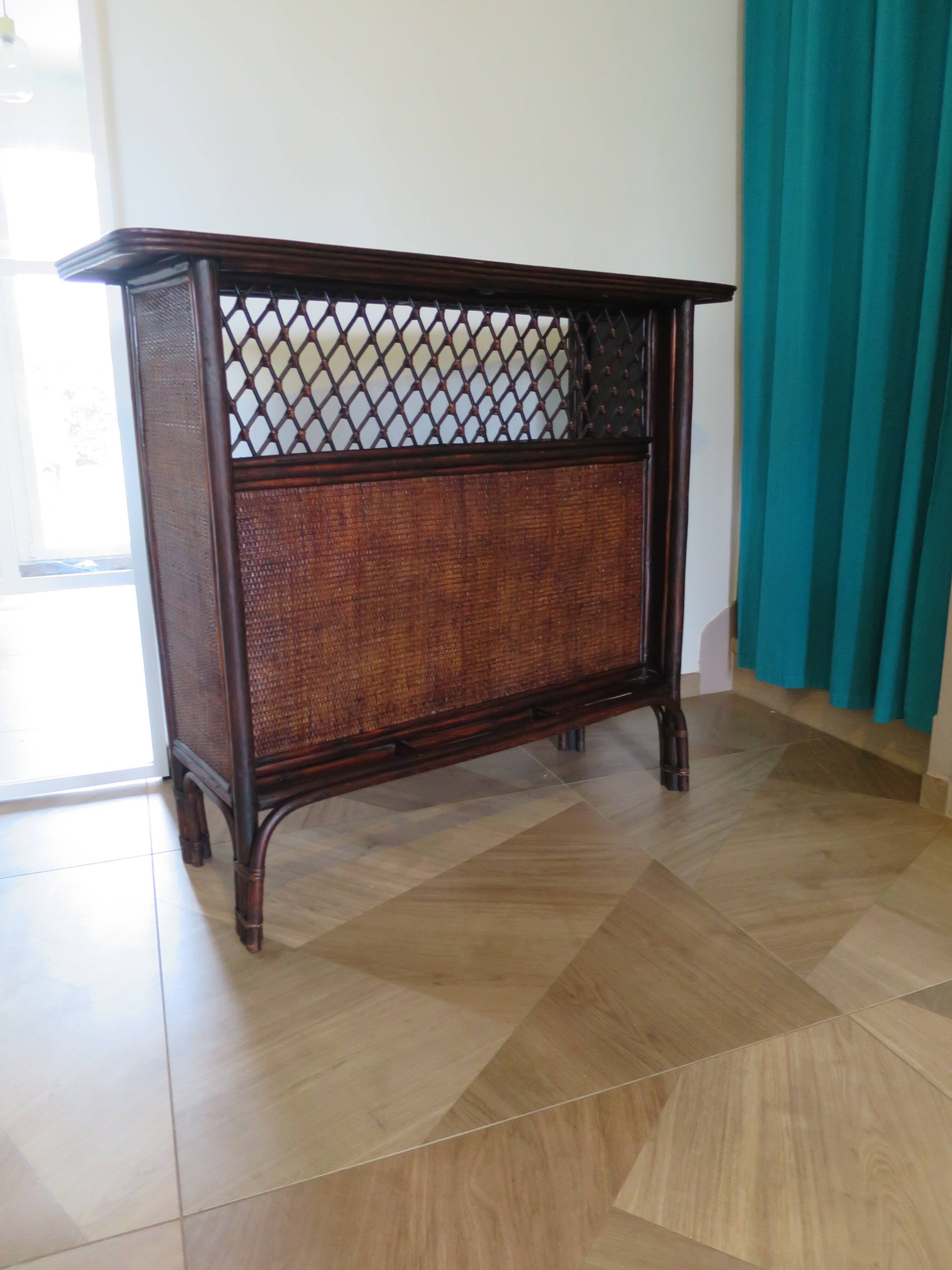 Rare vintage bar cabinet shelf wood woven rattan 80s retro