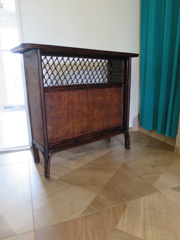 Rare vintage meuble de bar étagère bois rotin tressé années 80 rétro
