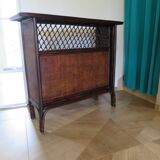 Rare vintage bar cabinet shelf wood woven rattan 80s retro