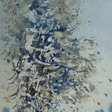 Large watercolor from the early 20th century, signed landscape of a wooded river bank