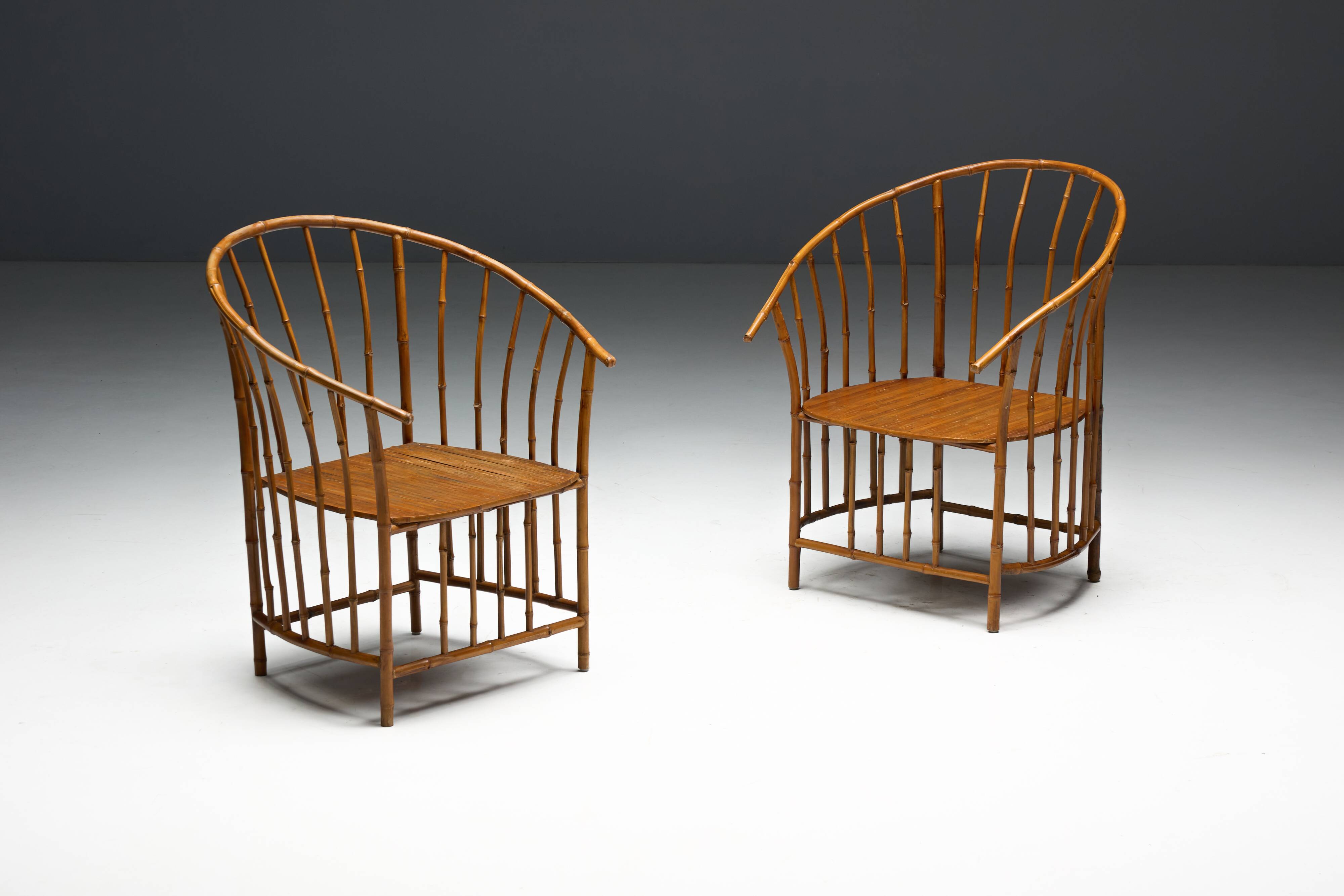 Rustic Wabi Sabi Bamboo Armchairs, France, 1970s