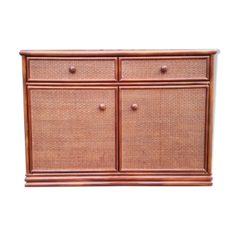 Vintage low buffet, bamboo and rattan, Maugrion, 80s