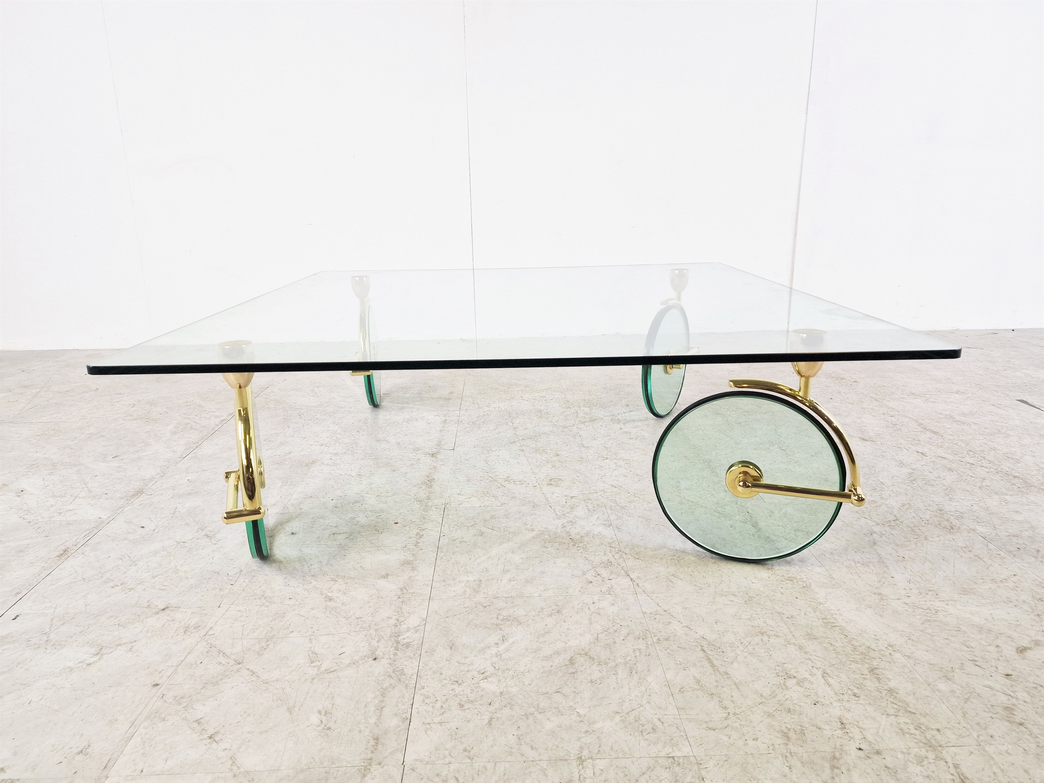 Glass coffee table with wheels, 1980s