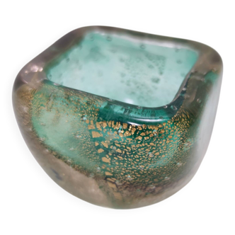 Bonbonnière / Bol à bibelots en verre Sommerso moucheté d'or vert par Venini, Italie