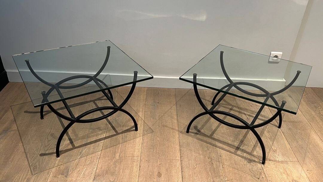 Pair of Black Lacquered Wrought Iron and Glass Side Tables, French Work