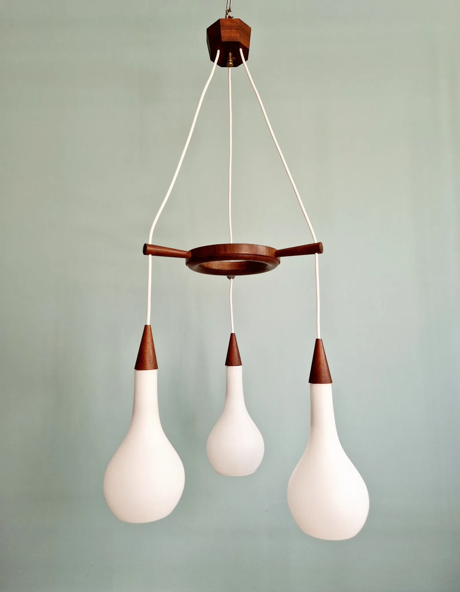 Scandinavian teak and satin white glass chandelier, 1960