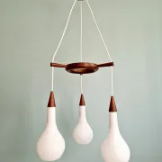 Scandinavian teak and satin white glass chandelier, 1960
