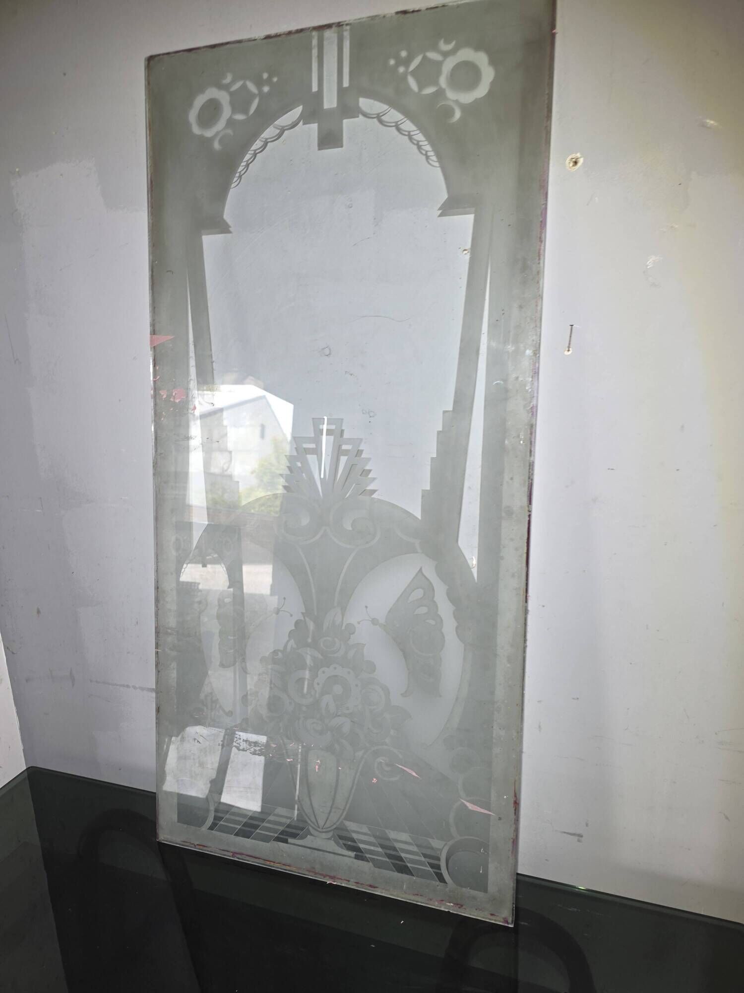 Art Deco engraved glass door panel 1930
