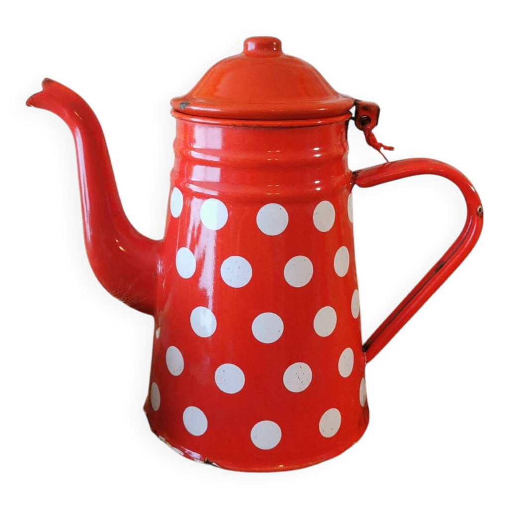 Bouilloire émaillée Ancienne – Rouge à Pois Blancs – Déco Vintage – Occasion