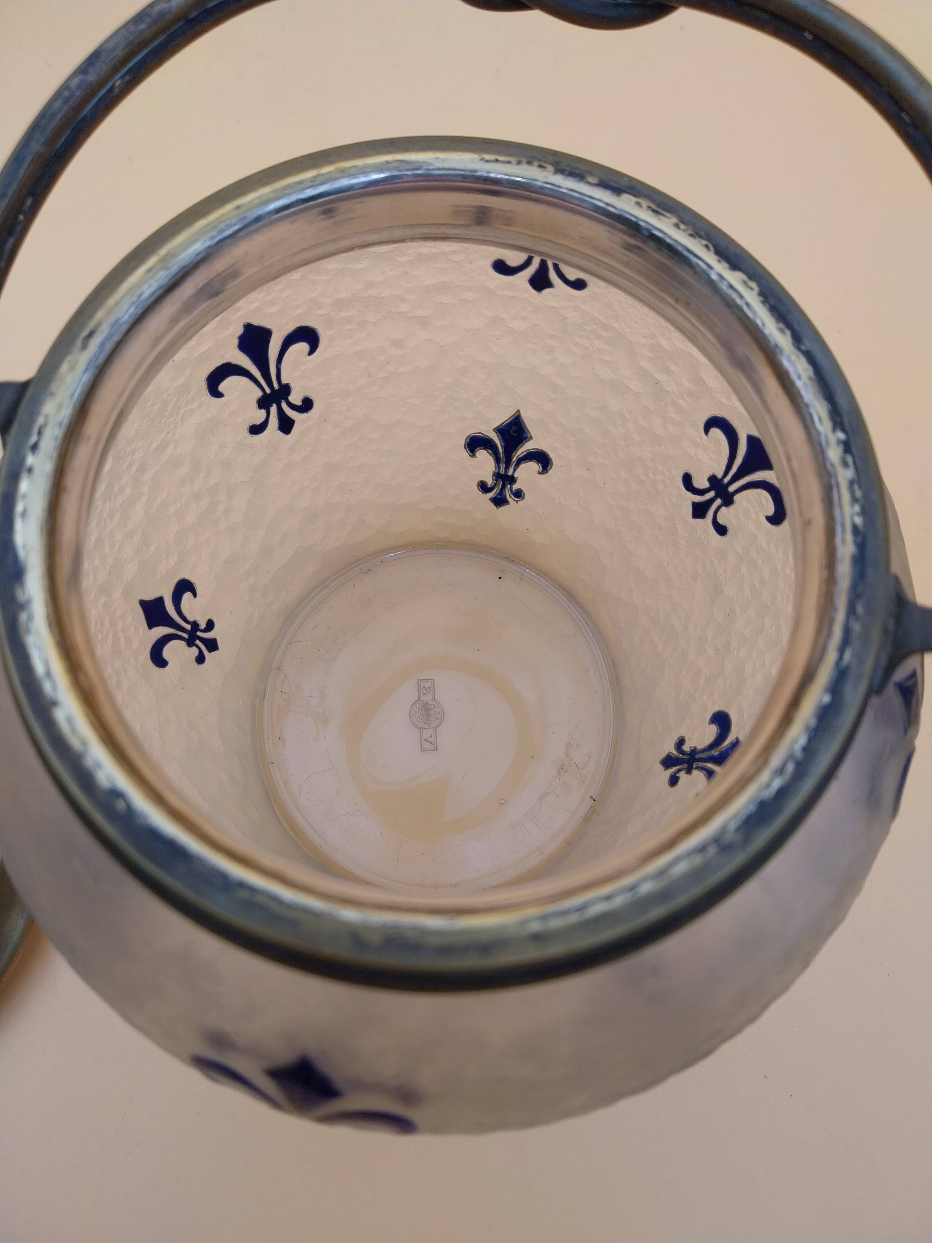Crystal biscuit jar decorated with blue enamel and gilding.