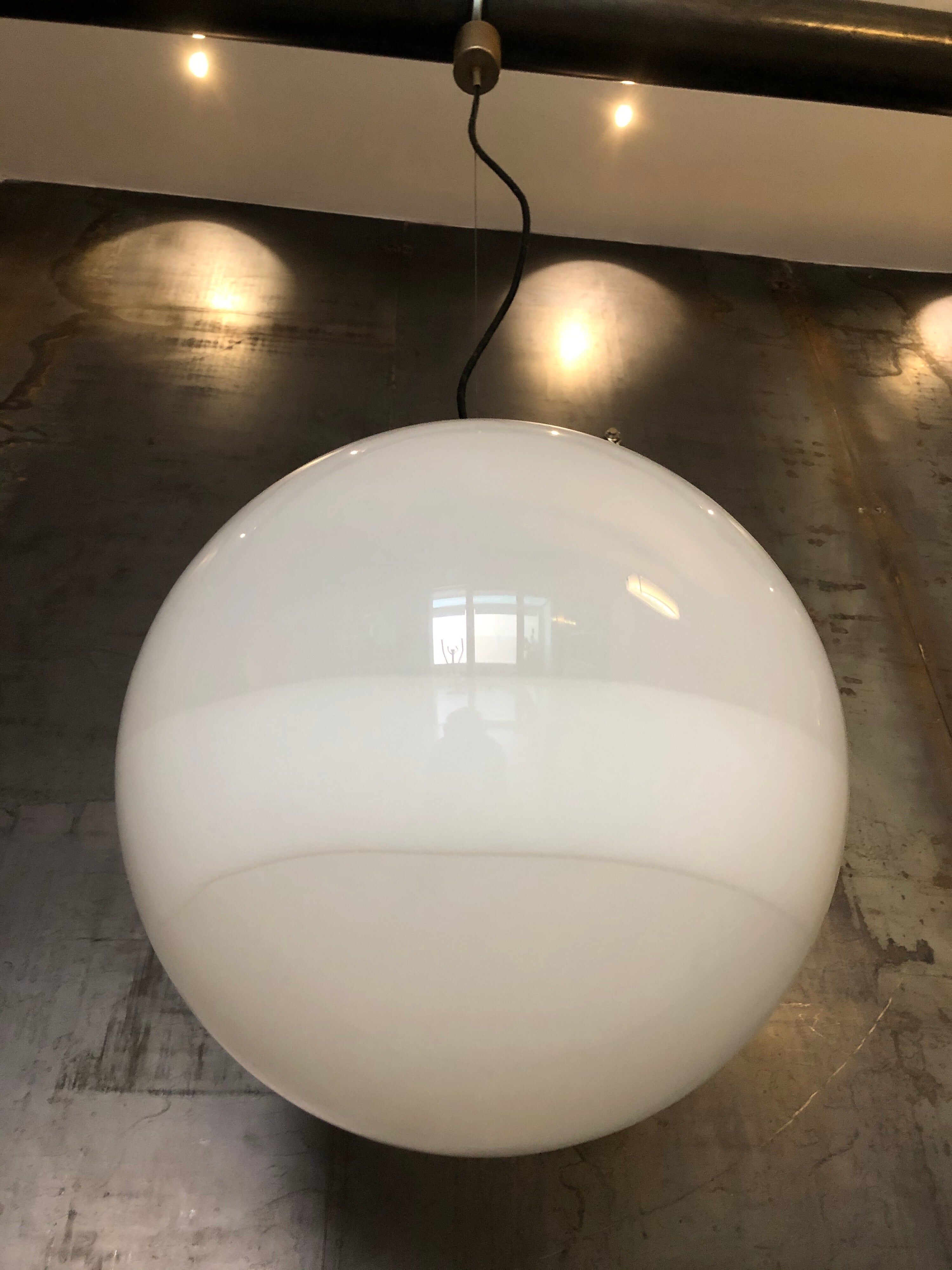 Midcentury Large Chrome and White Murano Glass Sphere by Mazzega, Italy, 1960s