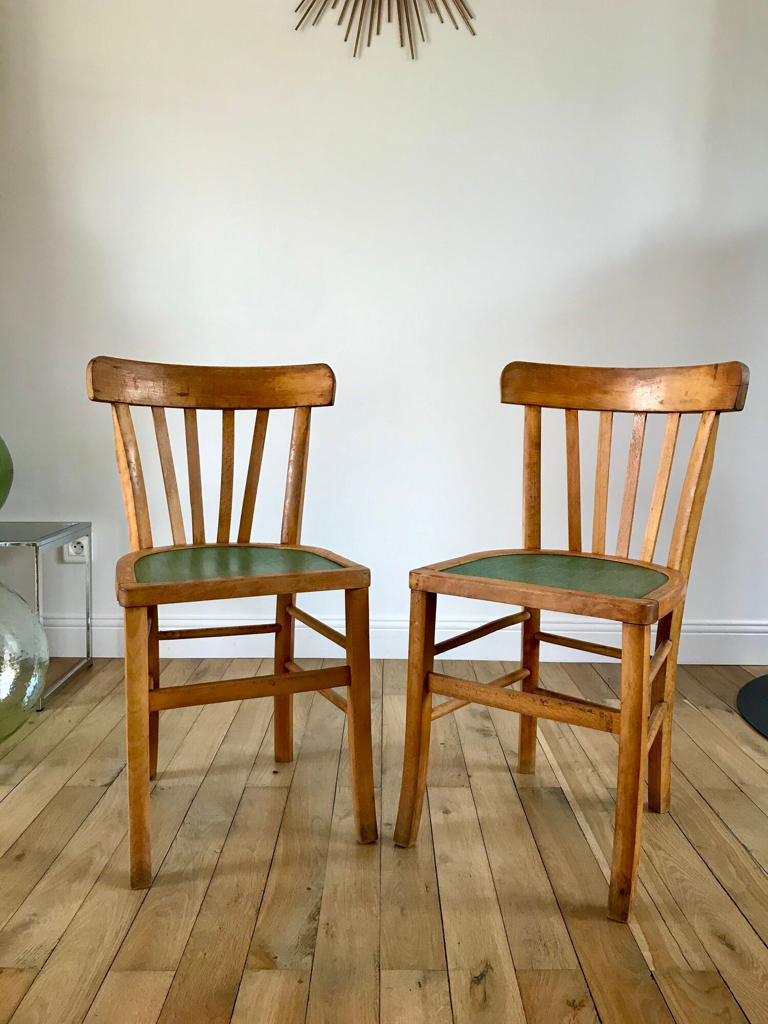 Pair of bistro chairs in light curved wood and green seat 1950s