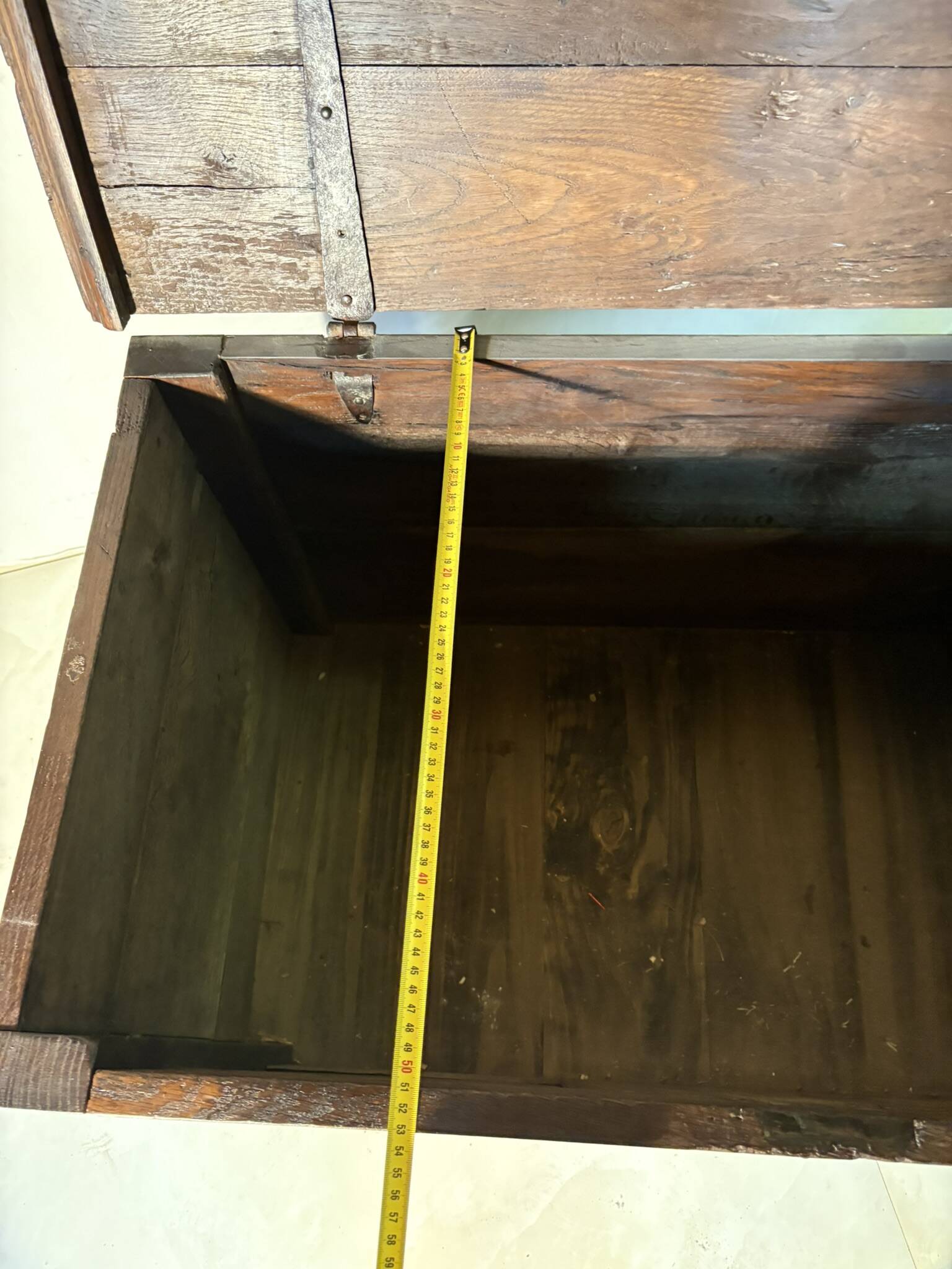 Antique rustic oak chest with original hardware and molded panels