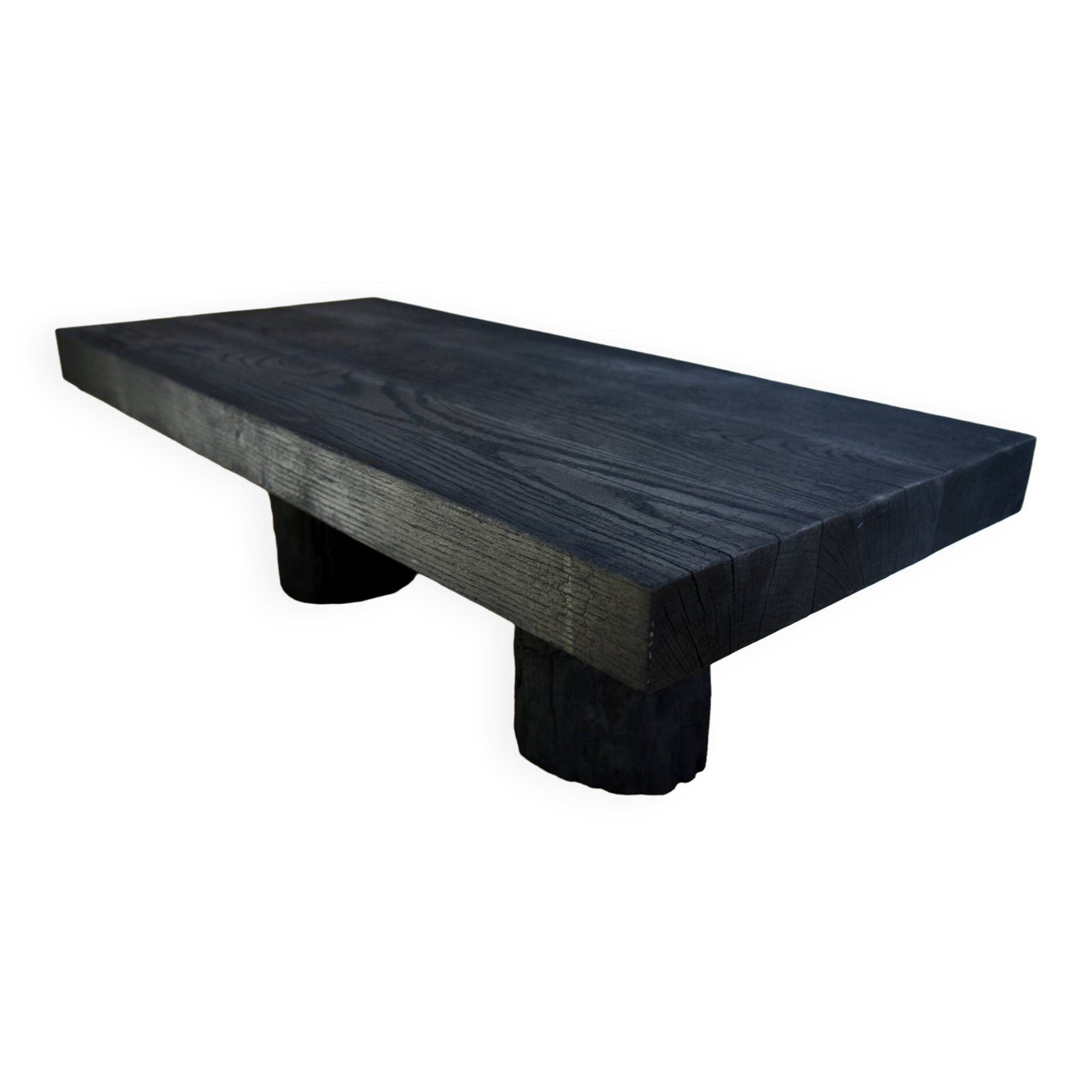 Log coffee table with burnt wood finish, shou-sugi-ban