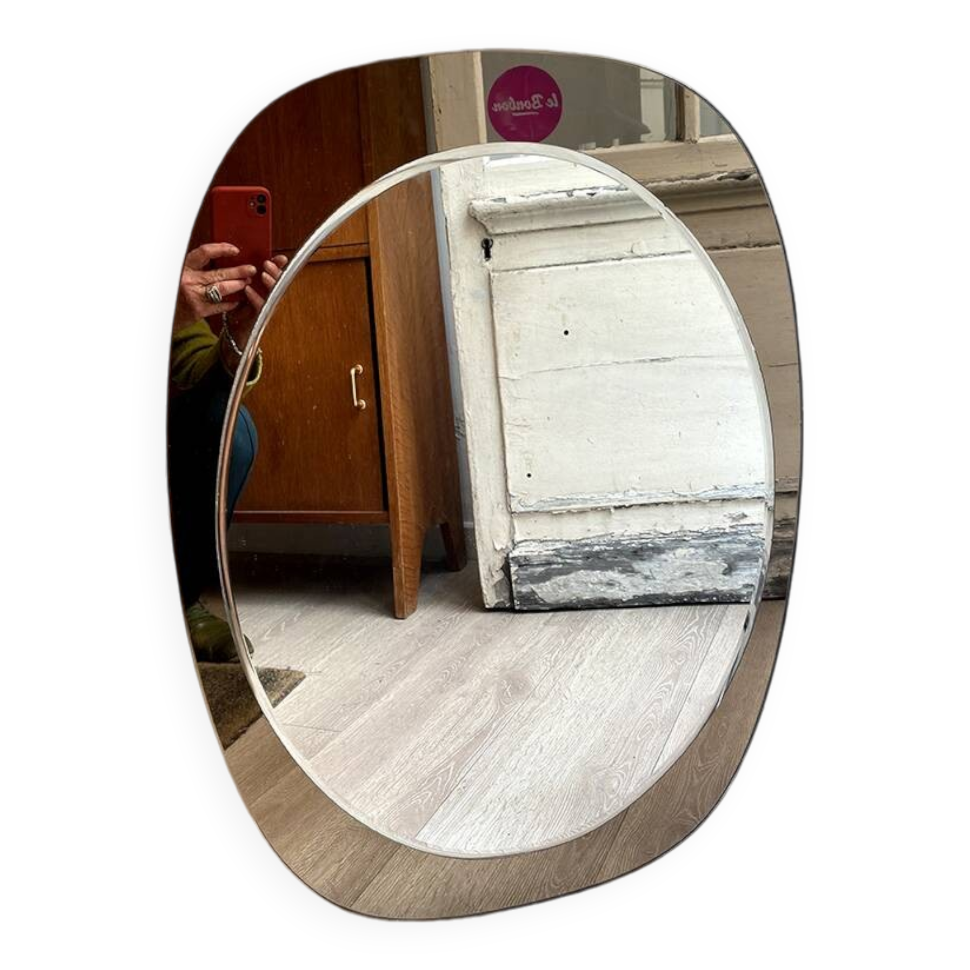 Beveled mirror, smoked glass frame, 1970