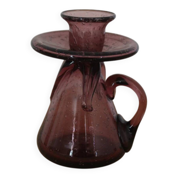 Bougeoir à main vintage Verrerie de Biot signé – verre soufflé bullé améthyste