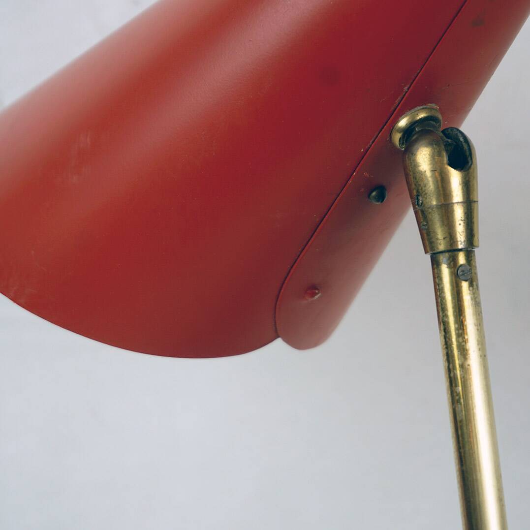Red Austrian mid-century brass and iron table lamp by J.T. Kalmar