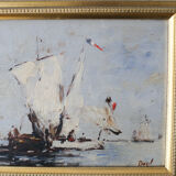 "Bateaux français sortant en mer" huile sur panneau, Bazil (XXe siècle)