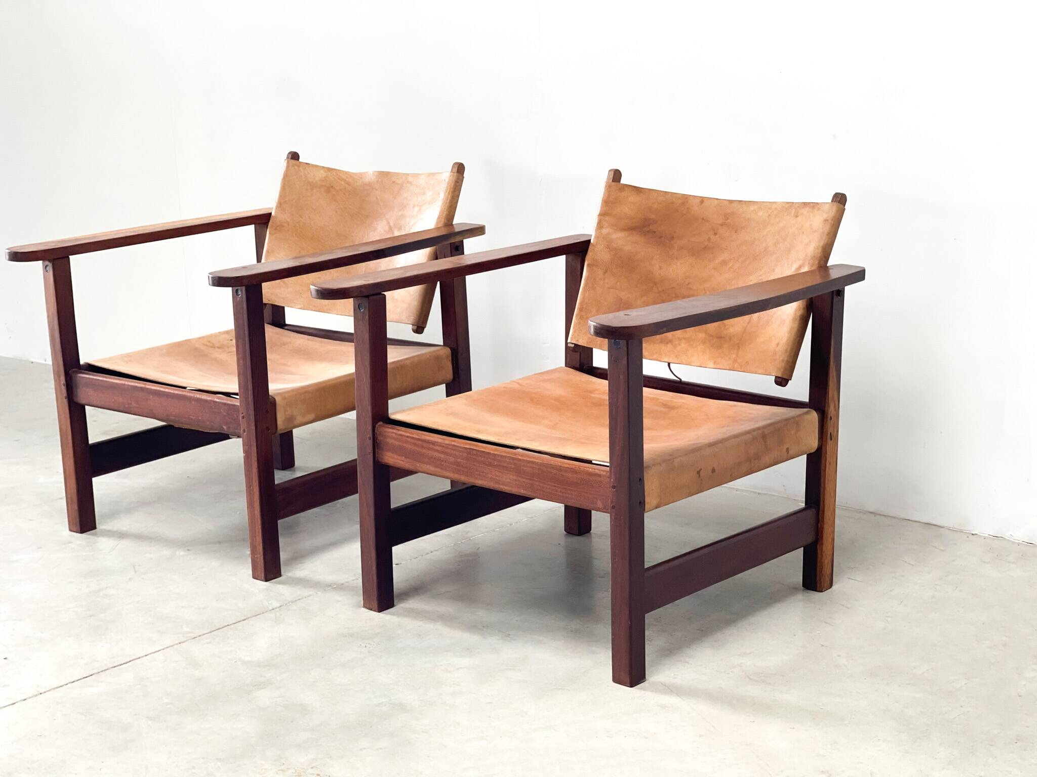Mid century leather safari armchairs, 1960s
