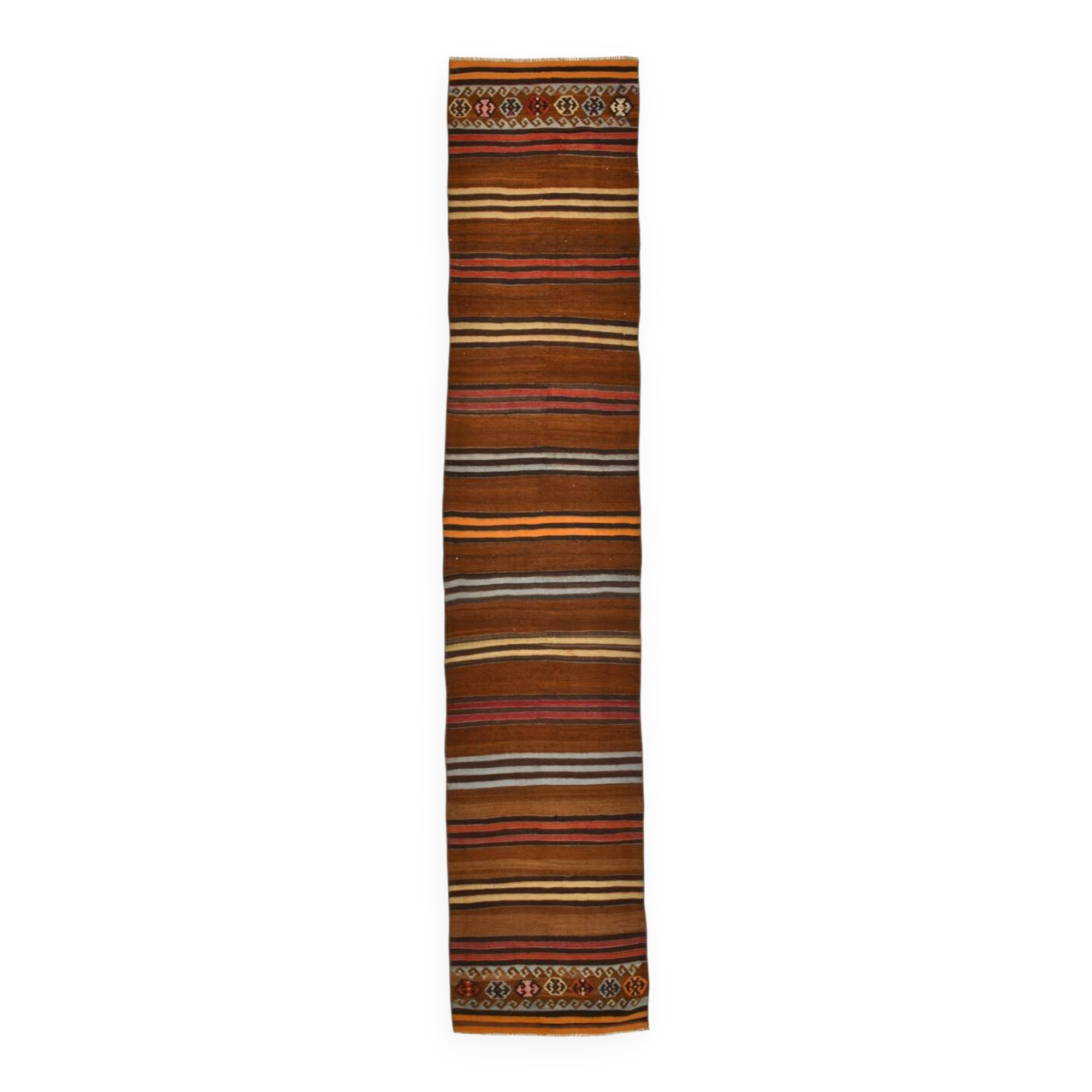 Brown & Orange Stiped Mid Century Vintage Kilim Rug, 75x387 Cm