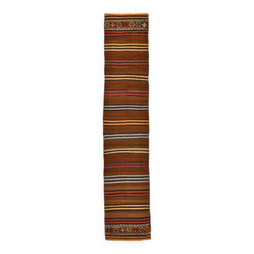 Tapis kilim vintage du milieu du siècle à rayures marron et orange, 75x387 cm