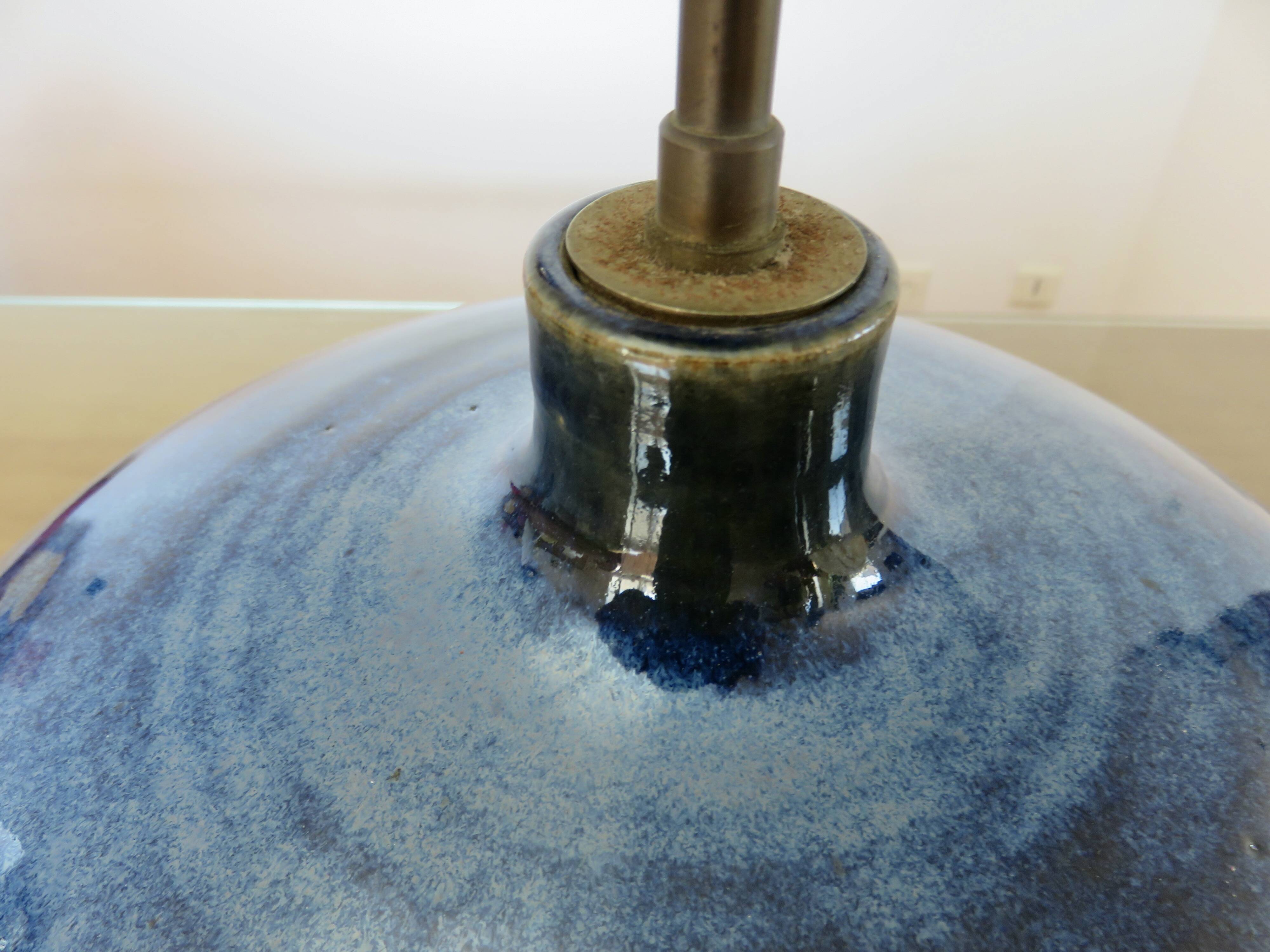 Impressive iridescent blue ceramic lamp with a gradient of green, circa 1960.