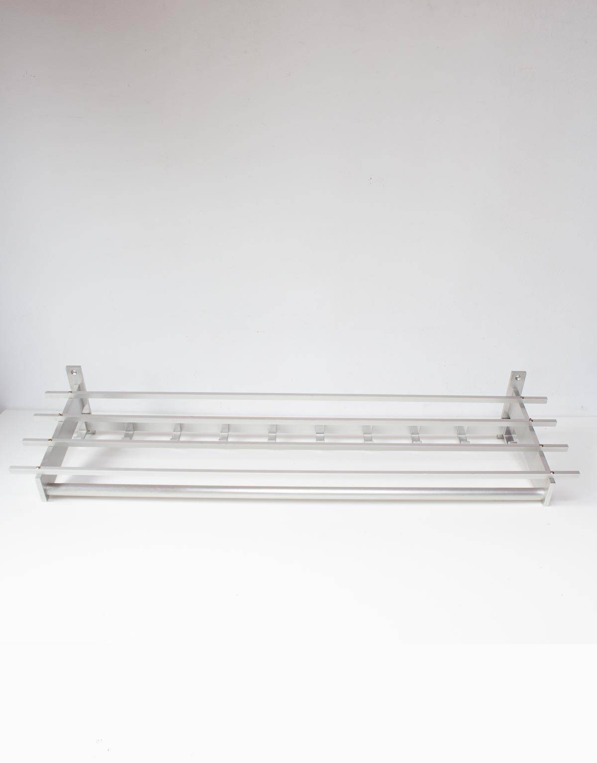 Large wall-mounted coat rack in aluminium with shelf, c. 1980 (100 cm)