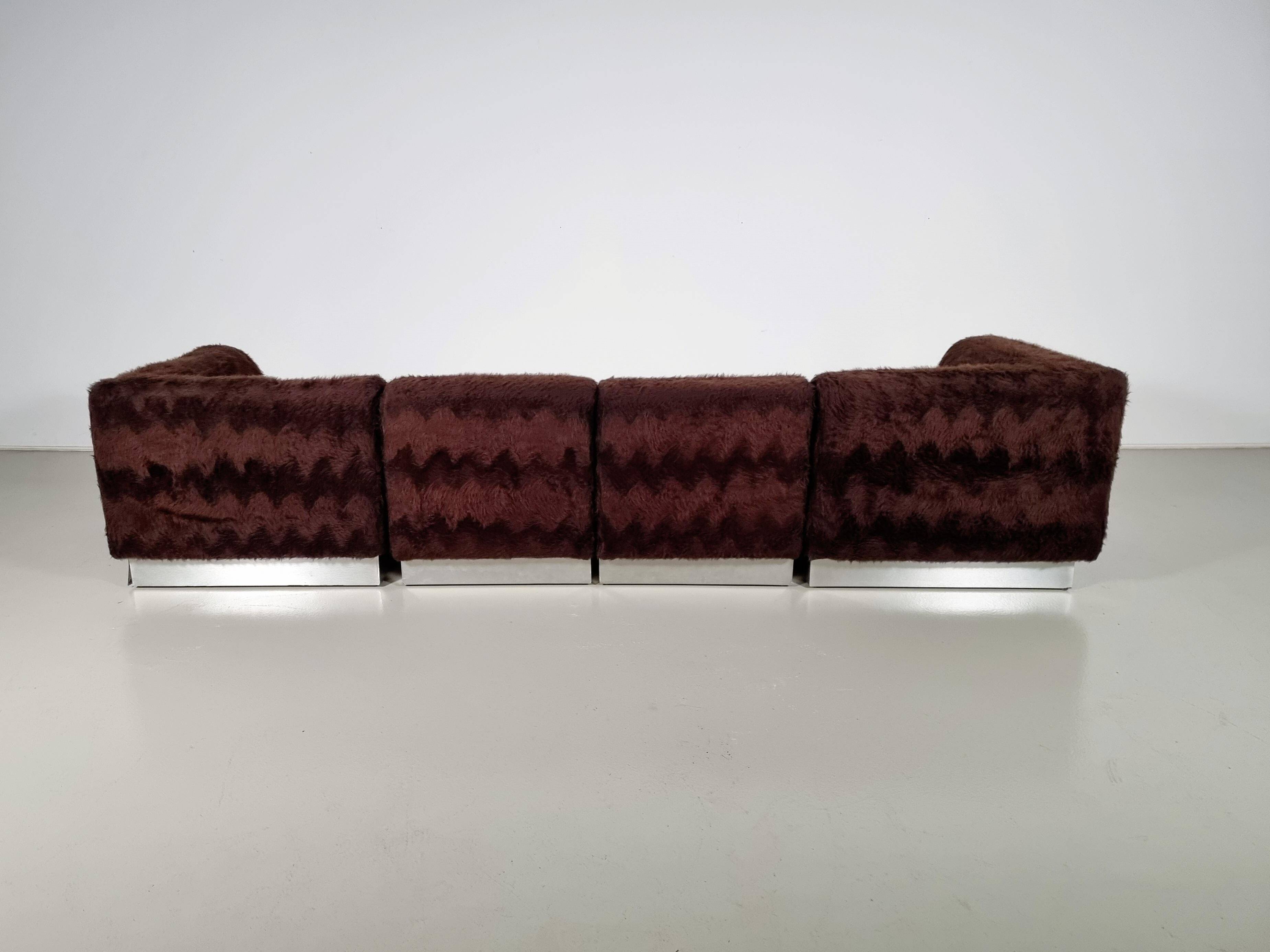 Vintage Italian chrome sectional sofa with faux fur, 1970s.