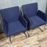Pair of Walter Knoll armchairs in blue fabric and chromed metal