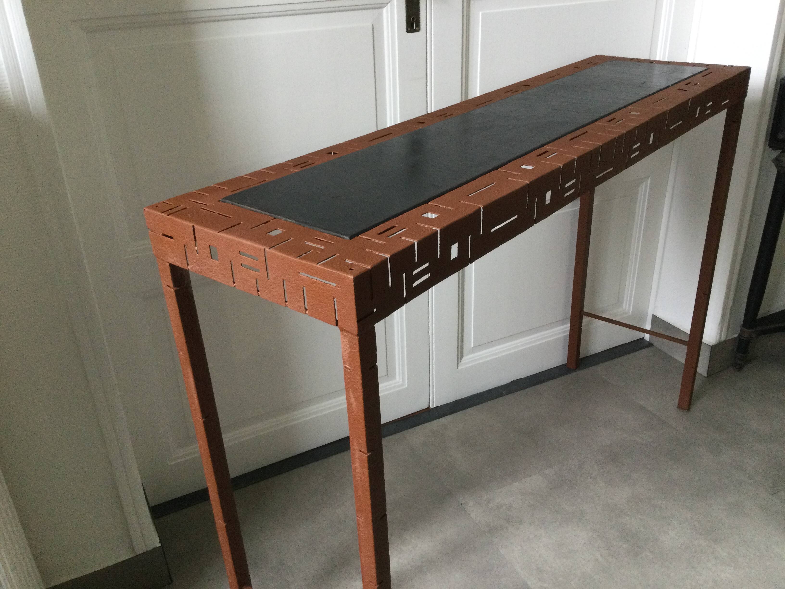 Perforated sheet metal and wood console