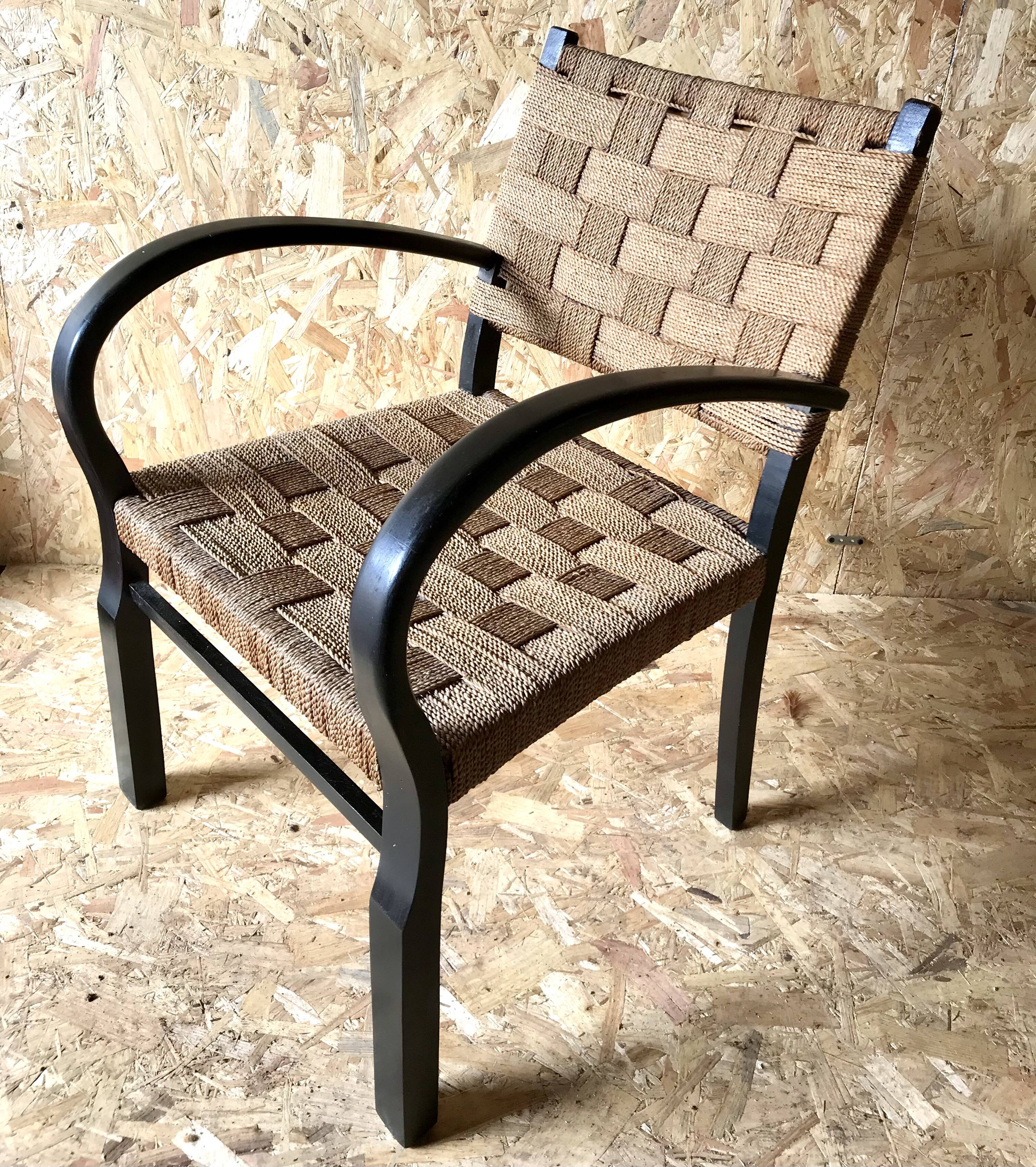 Vintage armchair with woven cord and wooden frame, Axel Larsson, circa 1960.