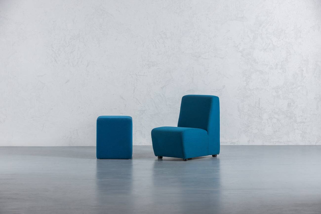 Vintage blue fabric armchair with ottoman, Italy, 1970s