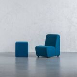 Vintage blue fabric armchair with ottoman, Italy, 1970s