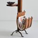 Vintage leather magazine rack with shelf and brutalist/rustic ashtray.