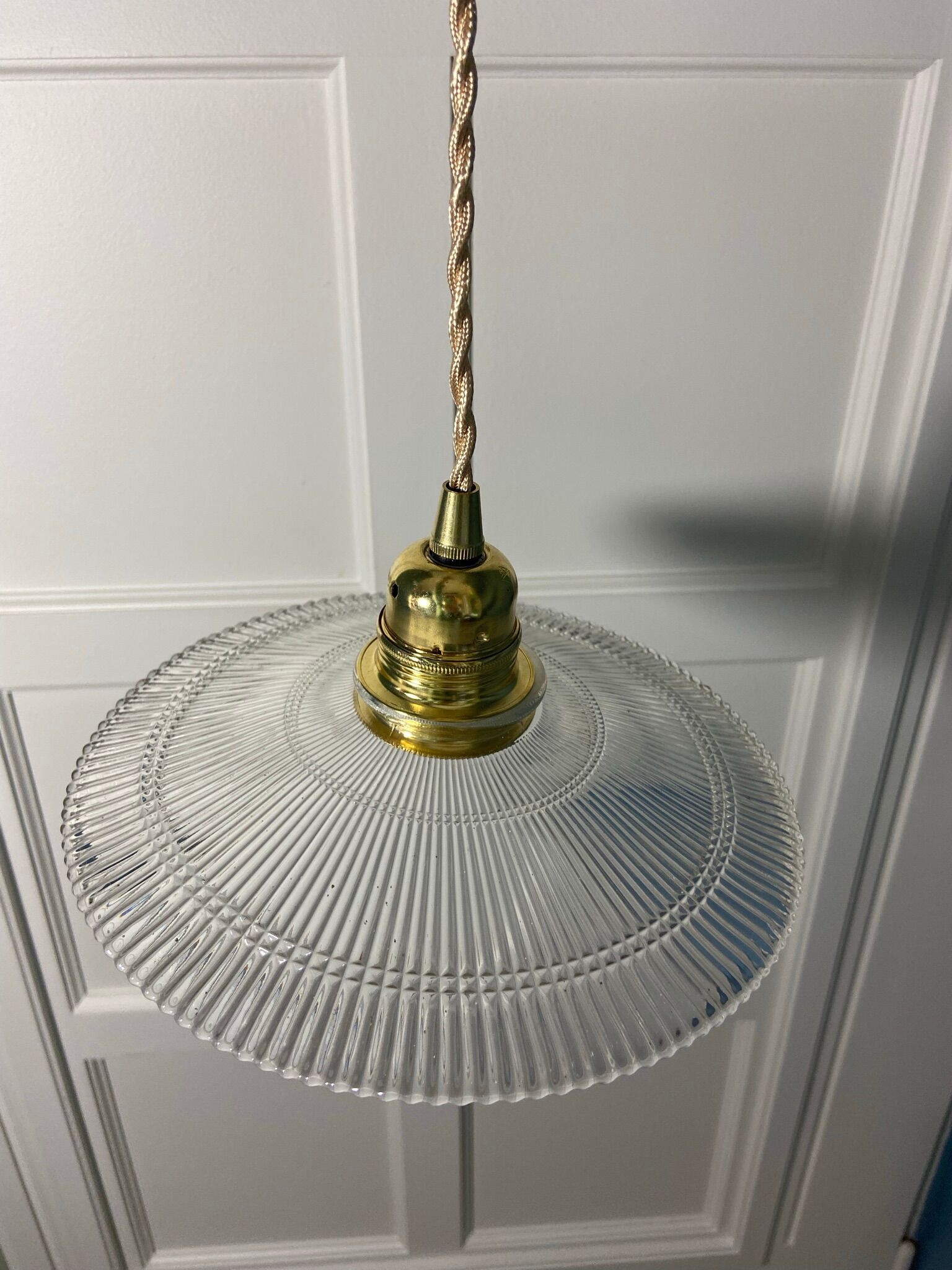 Vintage holophanous glass pendant lamp
