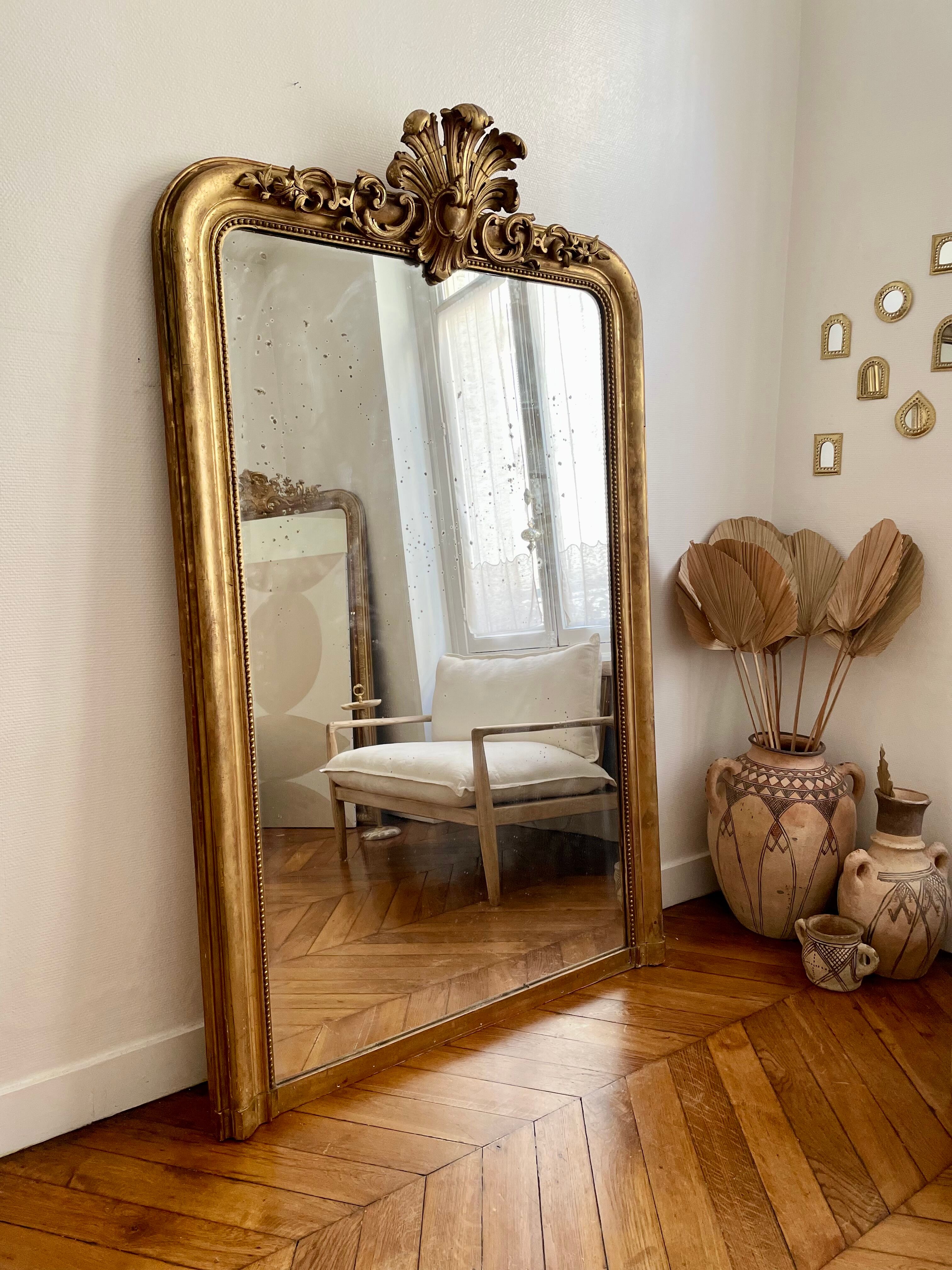 Old mirror louis Philippe Dore gold leaf pediment gilded fireplace