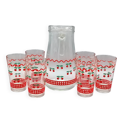 Service à orangeade cerises vintage, 6 verres et pichet, France, Vmc