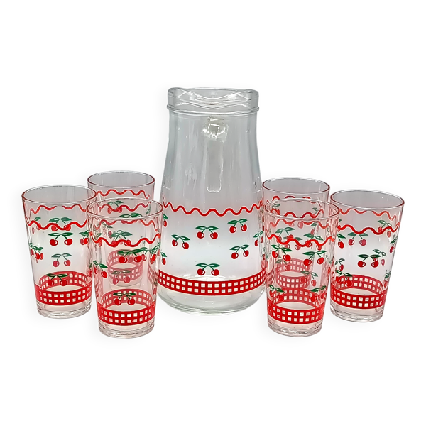 Service à orangeade cerises vintage, 6 verres et pichet, France, Vmc