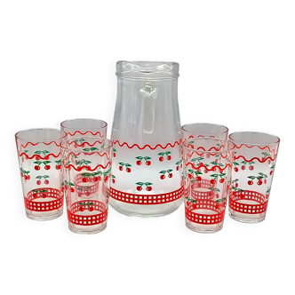 Vintage cherry ORANGEADE SET, 6 glasses and pitcher, France, VMC