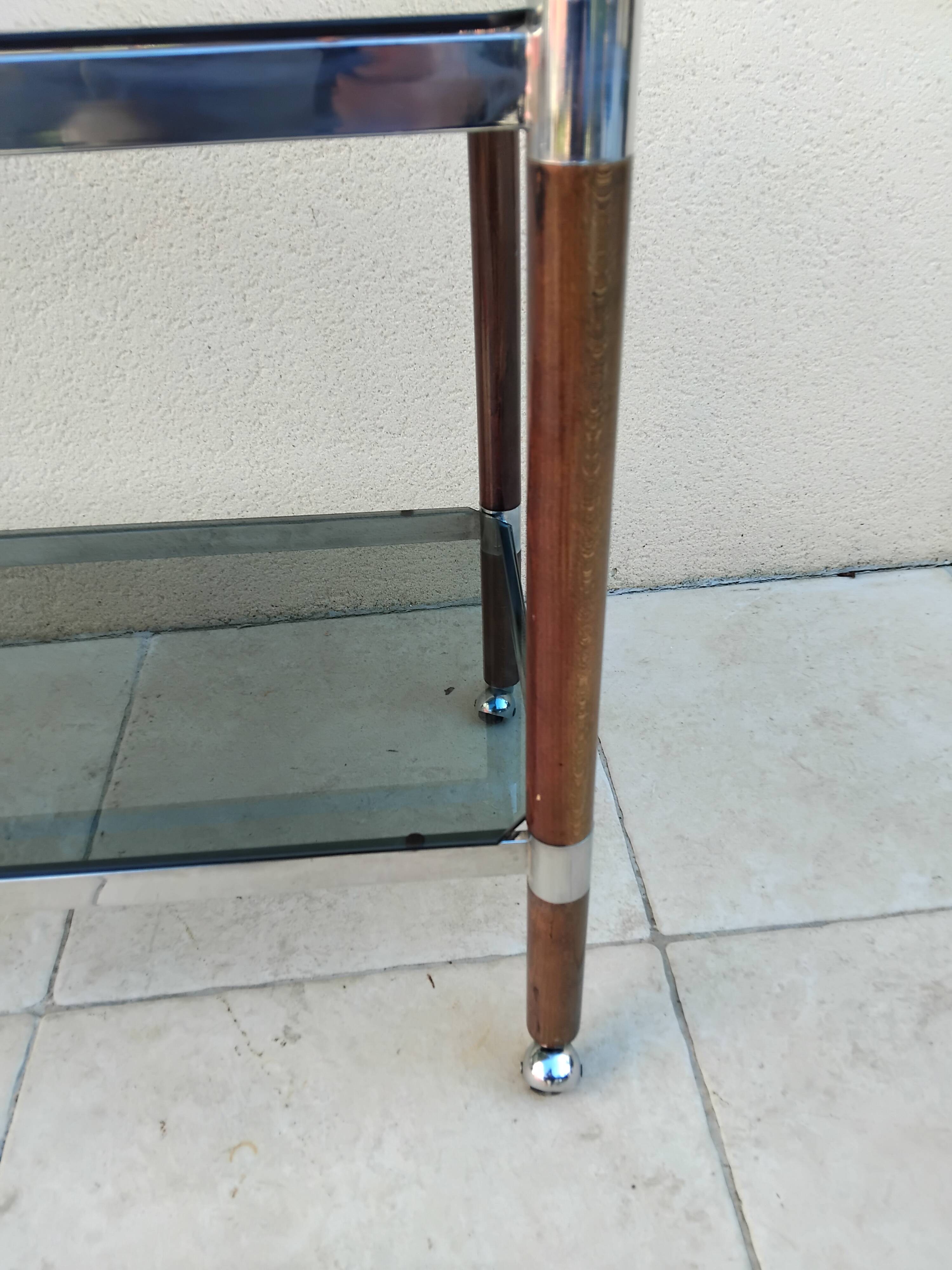 Vintage wooden serving trolley with smoked glass, chrome metal and wood
