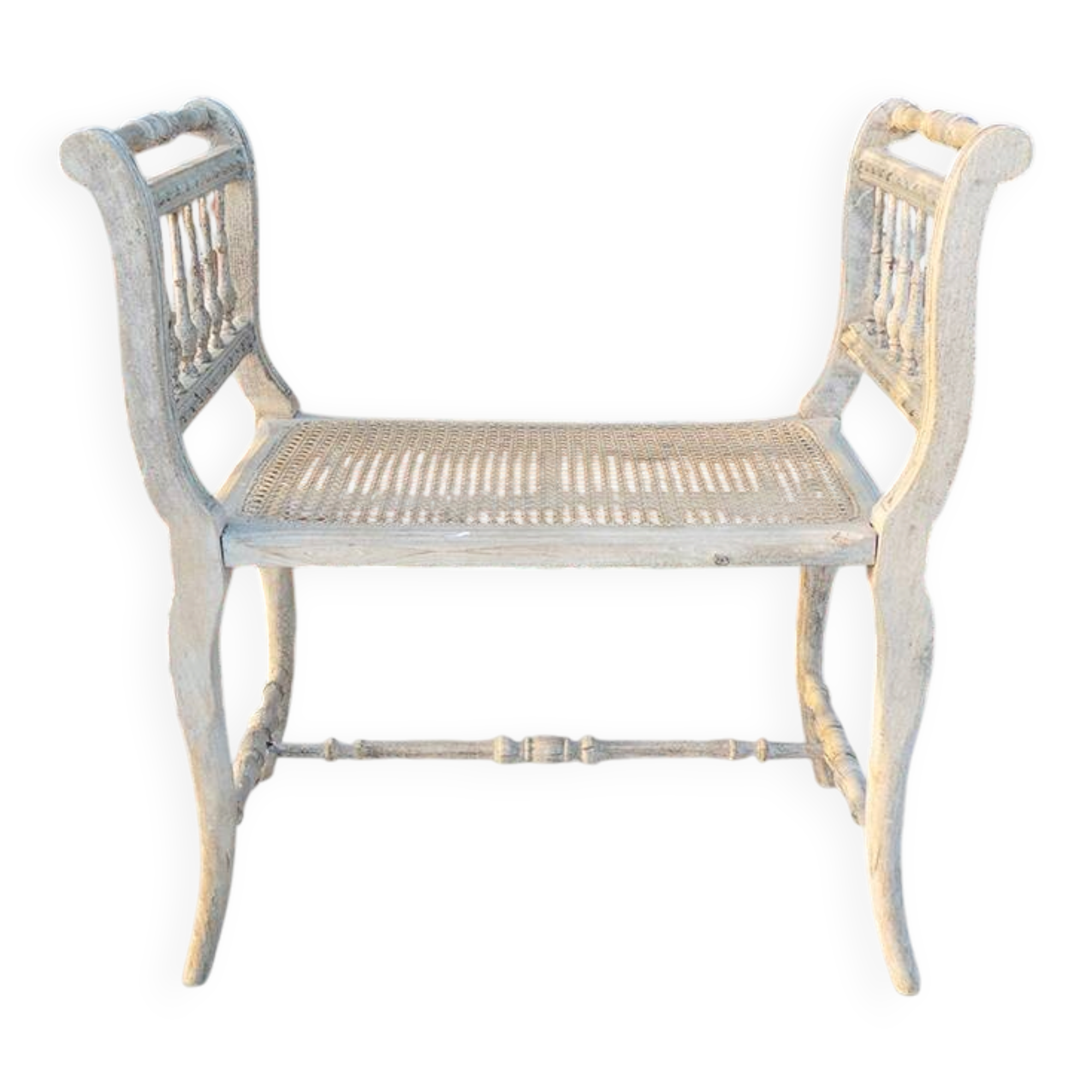 Antique Napoleon III piano bench in wood and cane.