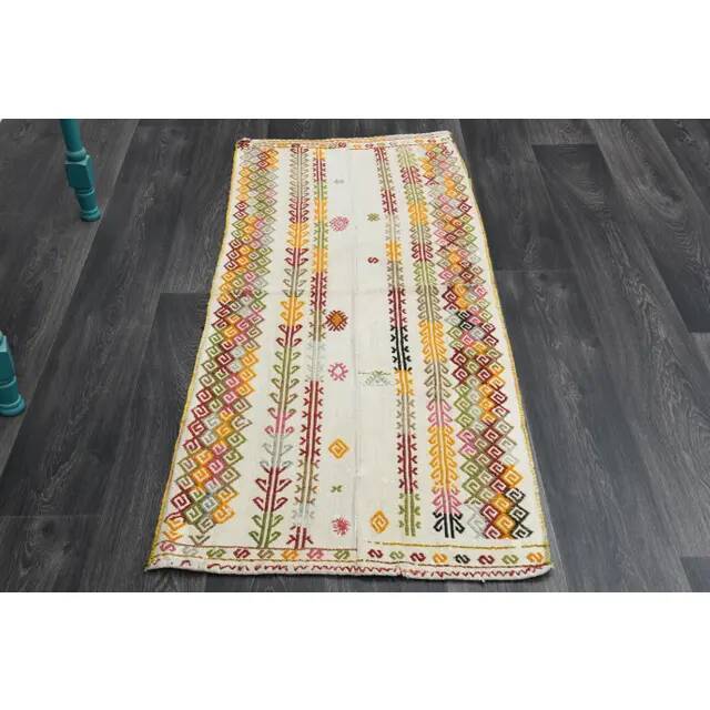 1970s Turkish Hand-Knotted Wool Cotton Beige Kilim Runner Rug 68x159