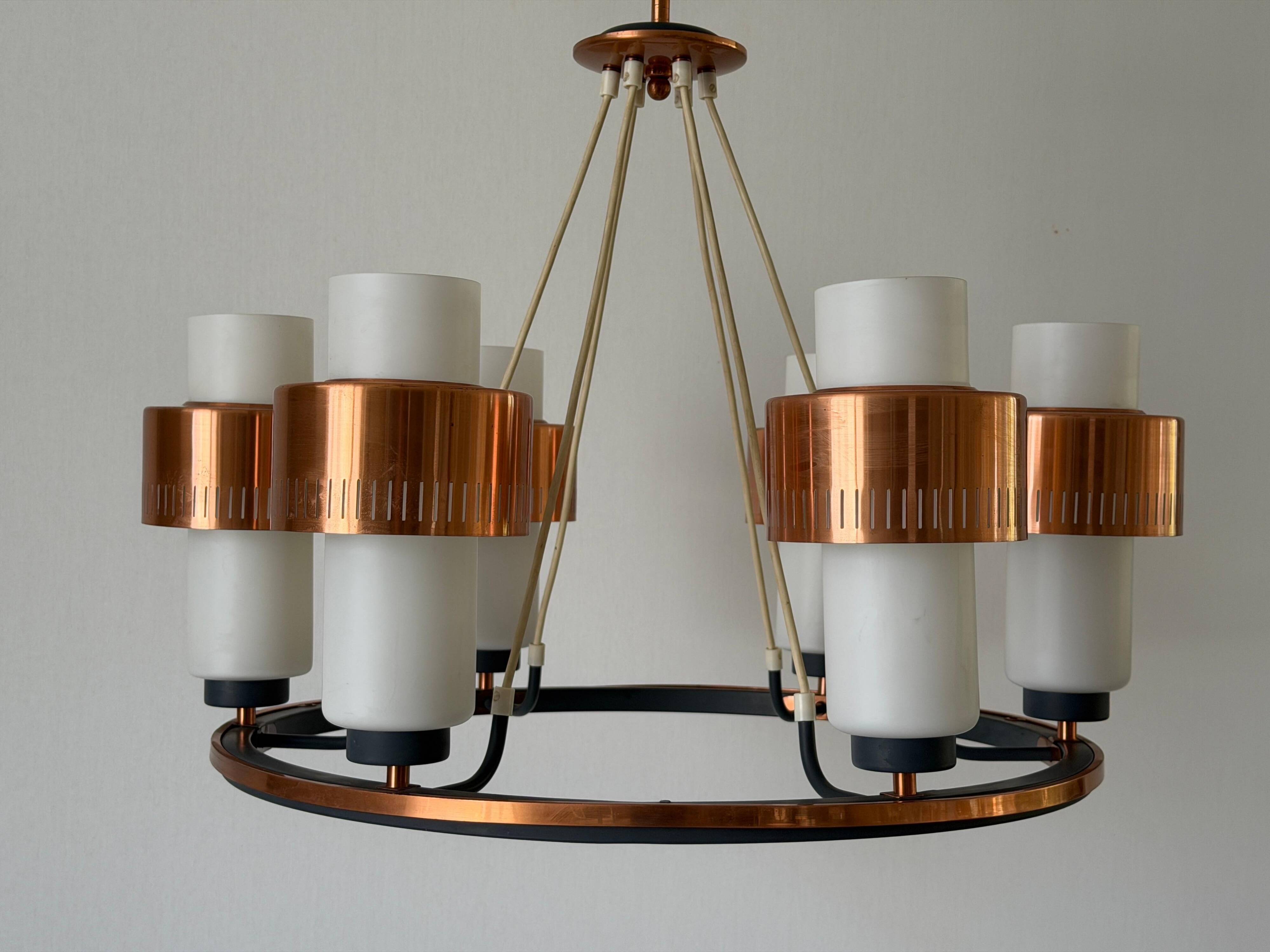 Large ceiling light with 6 arms in copper metal and glass, 1960s, Germany