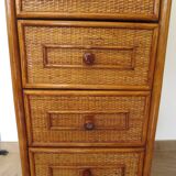 Semainier 6 tiroirs en bois, bambou et rotin tressé, années 60