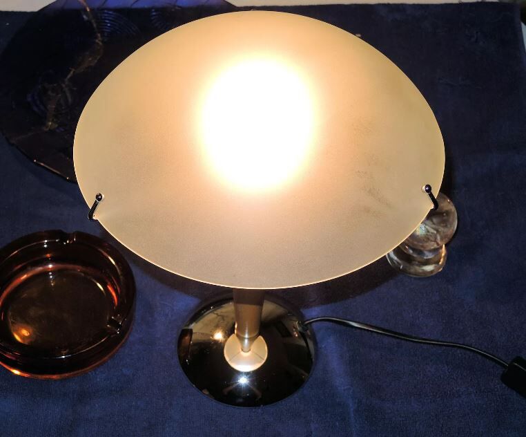Table lamp legs chrome wood lampshade opaque glass.