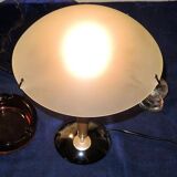 Table lamp legs chrome wood lampshade opaque glass.