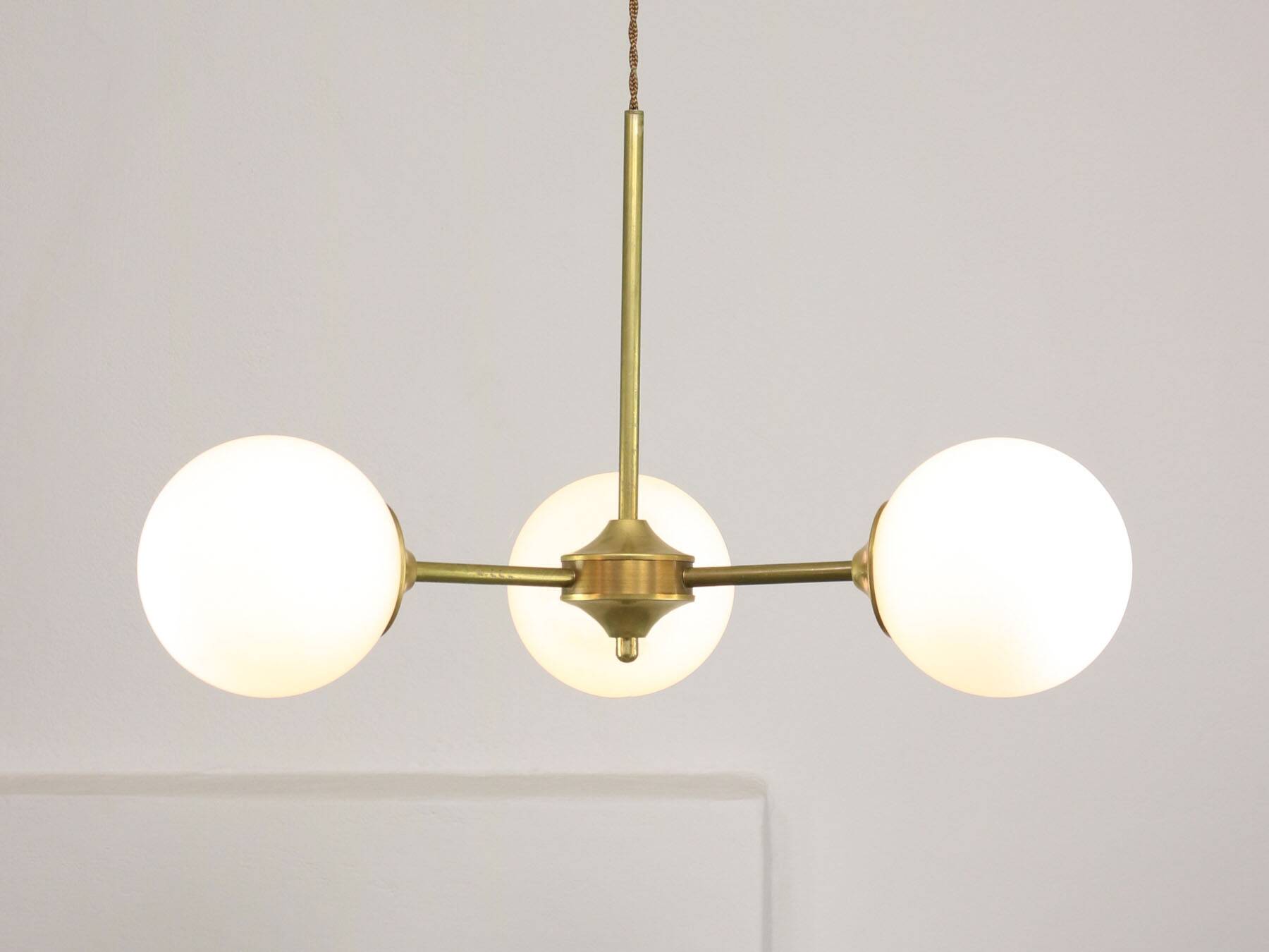 Italian Mid century Modern Chandelier in Brass and Opaline Glass, 1960s
