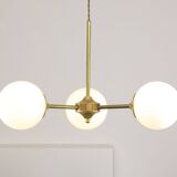 Italian Mid century Modern Chandelier in Brass and Opaline Glass, 1960s