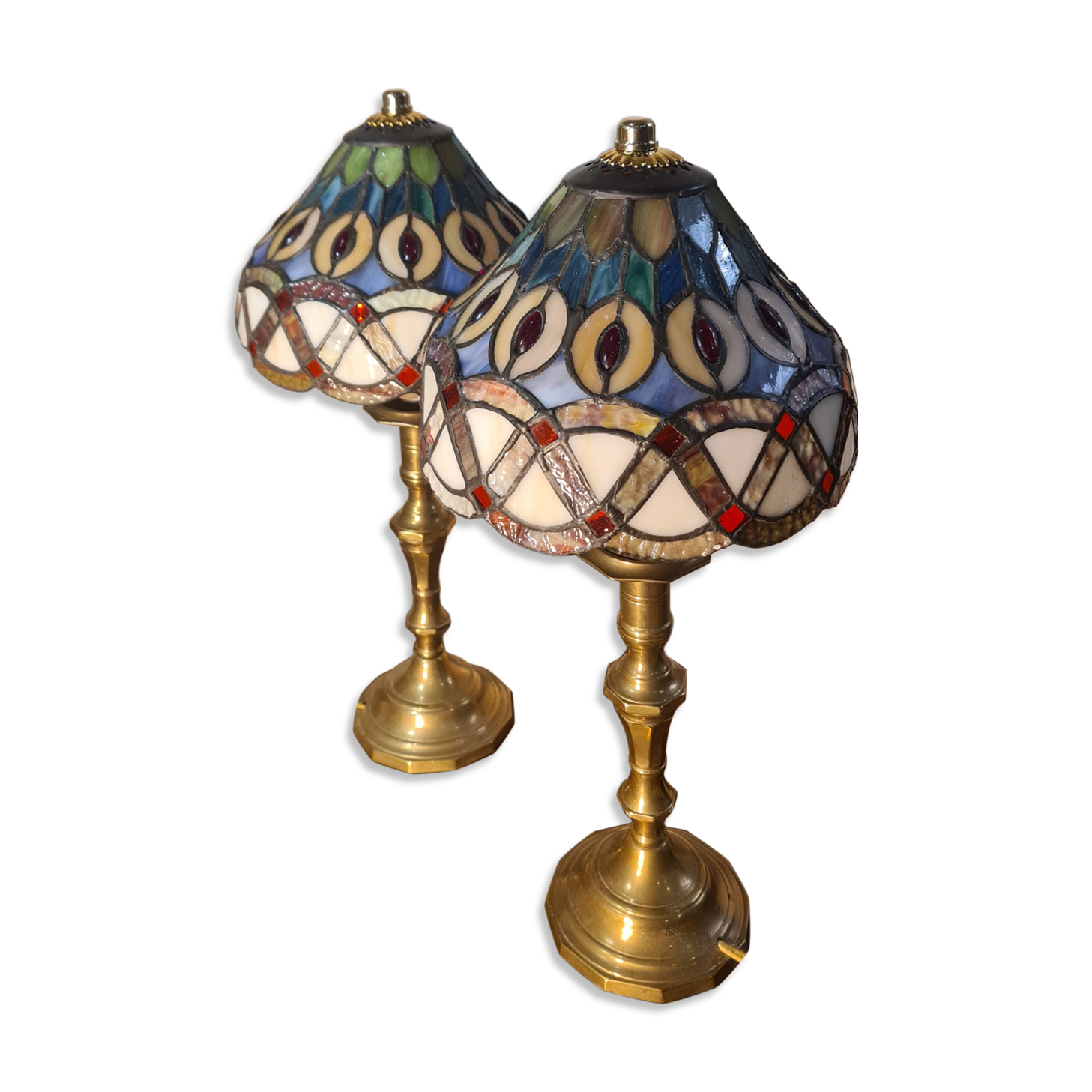 set of antique brass lamps with handmade stained glass, style