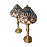 set of antique brass lamps with handmade stained glass, style